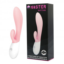 Розовый перезаряжаемый вибратор с клиторальным отростком Master Rhythm - 20 см.