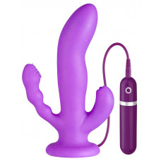 Фиолетовый вибратор с двумя дополнительными отростками PURRFECT SILICONE 3WAYS VIBRATOR 6.5INCH - 17 см.