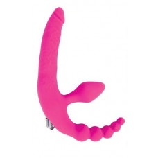 Розовый безремневой страпон с анальным отростком и вибрацией - 15 см. Розовый безремневой страпон с анальным отростком и вибрацией - 15 см.