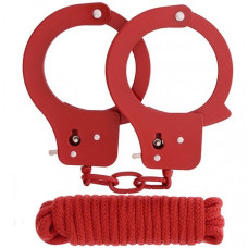 Красные наручники из листового металла в комплекте с веревкой BONDX METAL CUFFS LOVE ROPE SET